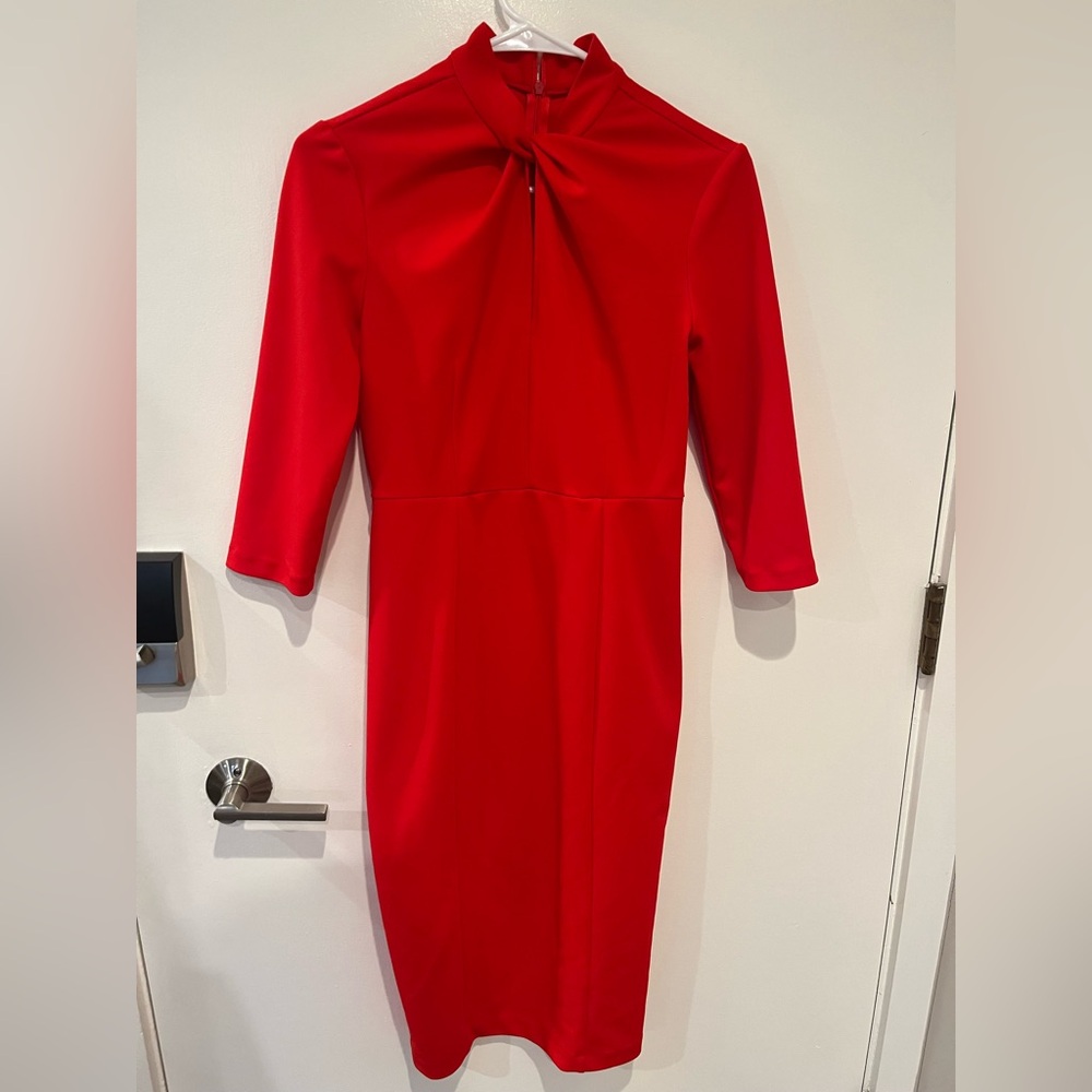 Donna Morgan Red Long Sleeve Midi Dress with Twist Neck